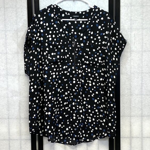 Torrid Sleeveless Zip V Neck Semi Sheer Polka Dot Top Black White Blue 1 - Picture 1 of 14